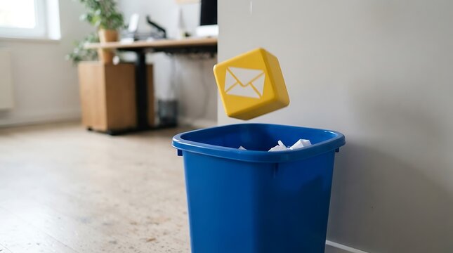 A yellow cube with an email floating above a blue plastic trash bin in an office setting, concept of deleting or discarding digital mail