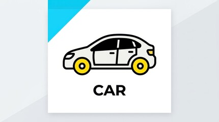 Fototapeta premium Modern Minimalist Car Illustration Icon with Yellow Wheels and Bold Text on White Background