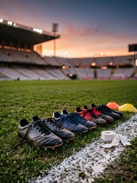 Soccer field with sports shoes and ball ready for game at sunset stadium.