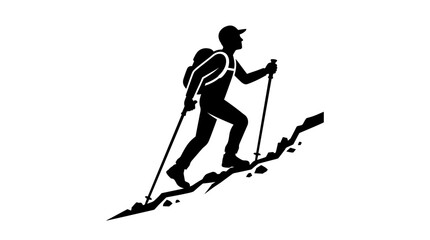 Naklejka premium Silhouette of hiker skiing downhill with trekking poles on snowy mountain slope