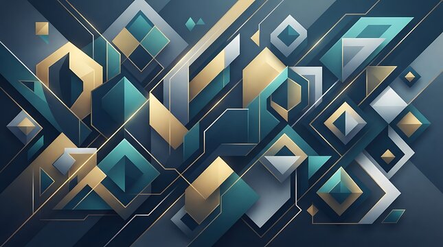 Abstract geometric background, with overlapping squares, and triangles in, shades of deep, blue, teal, and, gold with sharp, metallic lines