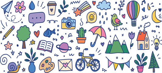 Fototapeta premium Colorful Hand Drawn Doodle Icons and Everyday Elements Vector Set