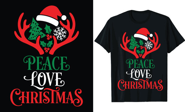 Peace Love Christmas T-Shirt Design &ndash; Festive Holiday Quote with Reindeer Antlers, Santa Hat, Tree, Snowflake & Holly Tee