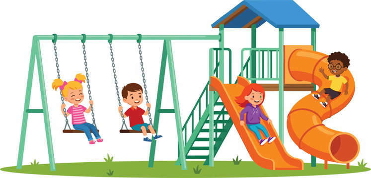 Cute Cartoon Happy Kids Playing on Backyard Playground Structure Vector Design Featuring Children on Swings Straight Slide and Orange Spiral Tunnel Slide