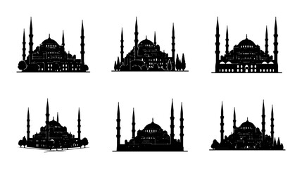 Fototapeta premium Mosque Silhouettes, Islamic Architecture Collection, Religious Building Icons, Cultural Landmark Vector Graphics, Black and White Landmark Set