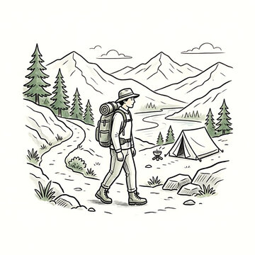 Vintage style hand drawn illustration of a hiker walking along a mountain river trail with river path camping tent outdoor adventure pine trees black and white