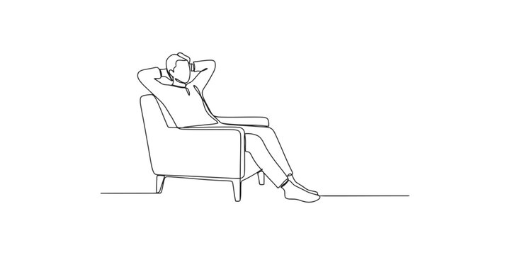 Continuous line drawing of a relaxed man sitting in a comfortable armchair with hands behind his head