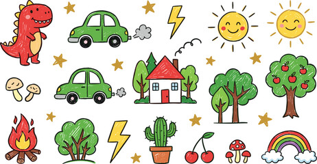 Fototapeta premium Cute Crayon Hand Drawn Style Vector Element Set Featuring Cartoon Dinosaur Green Car House Trees Sun and Rainbow for Kids Textured Designs