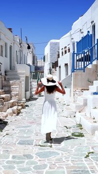 A tourist woman in a white summer dress explores the whitewashed old town of Folegandros island, Cyclades, Greece
