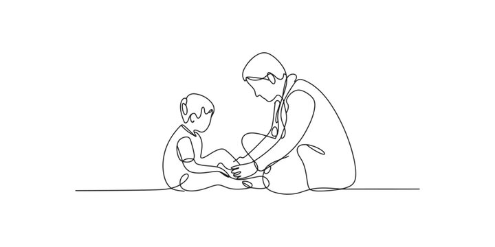 Continuous single line drawing of a doctor examining a young child patient in a medical clinic