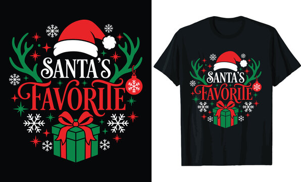 Santa's Favorite Christmas T-Shirt Design &ndash; Festive Holiday Quote with Santa Hat, Antlers, Gift Box, Ornaments & Snowflakes Tee