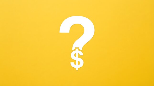 White question mark symbol with a dollar sign at the bottom isolated on a solid yellow background, representing financial uncertainty