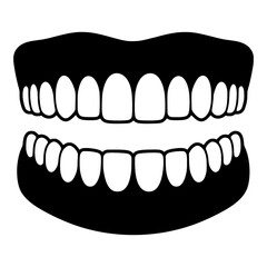 Upper and Lower Denture with Full Row of Teeth and Gums, Black Silhouette for Dentist Office and Dental Clinic Branding © Selda