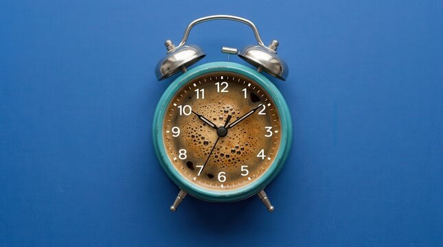 Conceptual Alarm Clock with Coffee Face on Blue Background - Morning Routine and Energy Concept