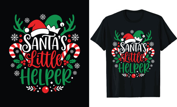 Santa's Little Helper Christmas T-Shirt Design &ndash; Festive Holiday Quote with Santa Hat, Elf Hat, Reindeer Antlers, Candy Canes & Snowflakes Tee