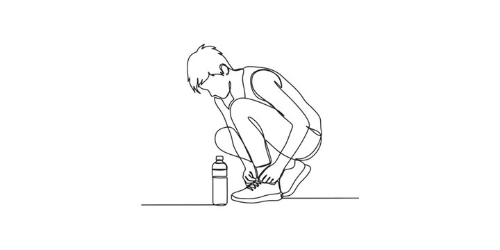 Continuous single line drawing of a man tying his shoelaces next to a water bottle before starting a run