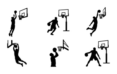 Basketball Player Silhouettes, Dynamic Action Poses, Slam Dunk and Shooting Vector Graphics, Sports Team Collection, Athletic Competition Icons © Farzana
