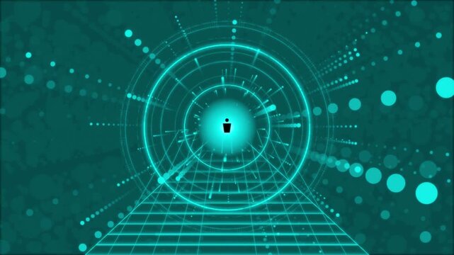 Futuristic Cyan Digital Portal Animation with Glowing Circular Interface, Perspective Grid Floor, Floating Particles and Abstract Cyber Technology Motion Background for Sci Fi Visuals