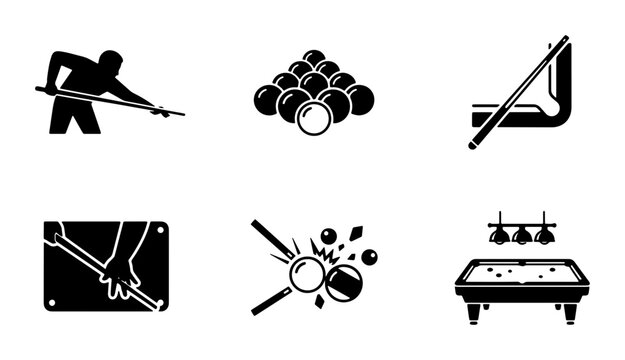 Billiard Icons Set, Pool Game Vector Graphics, Cue Sports Symbols, Snooker Equipment Illustrations, Black and White Game Elements