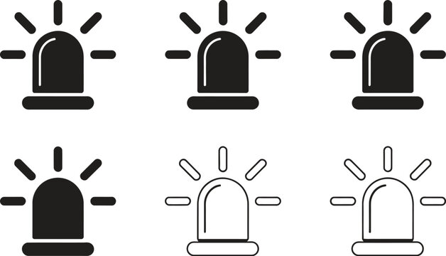 Emergency flasher siren light vector icon set featuring flashing beacon lights, alert warnings, police sirens, and security signal designs.