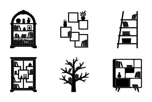 Vector Collection of Diverse Bookshelf Silhouettes, Modern & Classic Furniture Designs for Interior Decor, Home Library & Office Organization