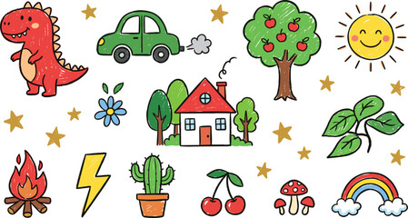 Fototapeta premium Cute Crayon Hand Drawn Texture Vector Element Set Featuring Cartoon Red Dinosaur Green Car House Apple Tree Sun and Rainbow for Kids Designs