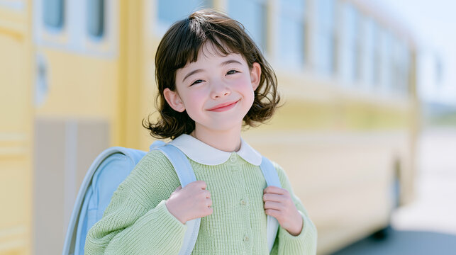 Portrait of an elegant schoolgirl with a yellow school bus on the background. 