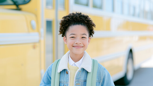 Portrait of an elegant schoolgirl with a yellow school bus on the background. 
