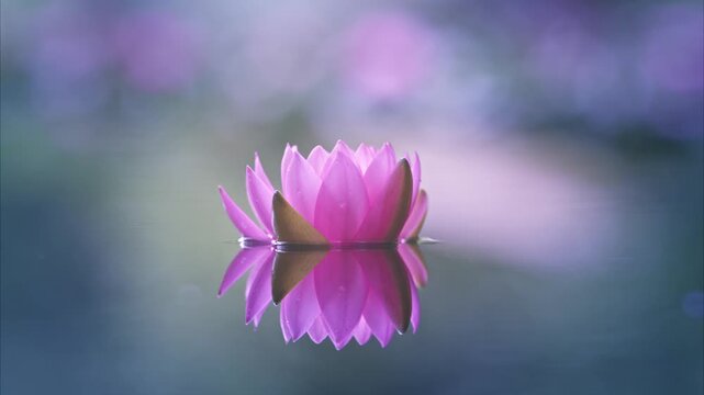 Pink lotus flower reflected on the water surface. Shallow depth of field. Blur background
