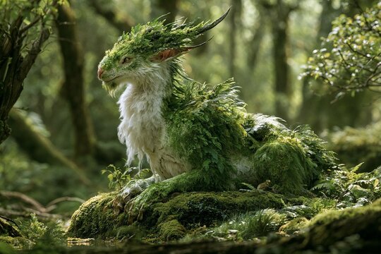 Majest&auml;tisches gr&uuml;nes Waldwesen aus Moos und Farnen auf einem Felsen im Urwald, mythischer Waldw&auml;chter, KI-generiert