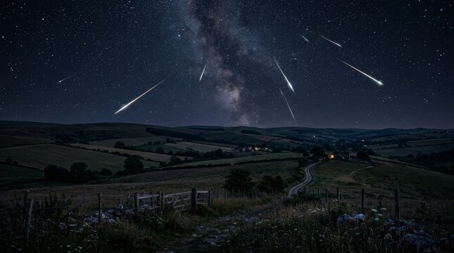 Spectacular Meteor Shower and Milky Way Over Rural Landscape