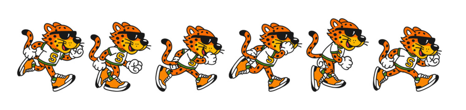 Cartoon cheetah mascot Cycle animation frame by frames showing a cool character with sunglasses running and jogging