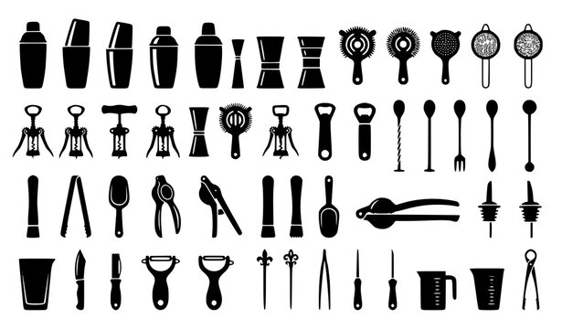 Cocktail Bartending Equipment Black Silhouette Vector Set with Shakers Strainers and Jiggers