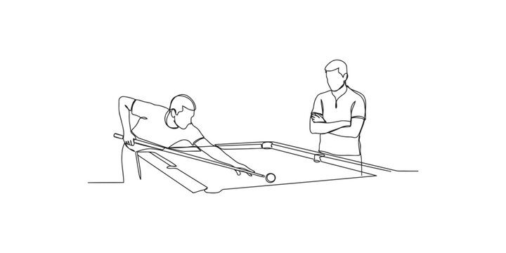 Continuous single line drawing of two men playing pool game with billiard table and cue stick
