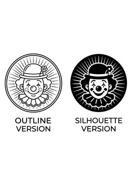 Clown Face Logo Design in Outline and Silhouette Versions, Circus Character Vector Illustration for Branding and Icons