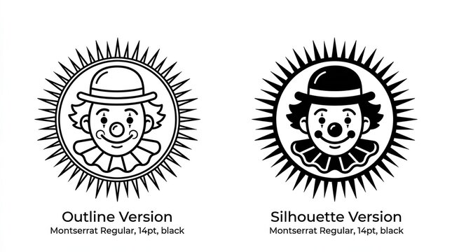 Clown Face Icon Set in Outline and Silhouette Styles with Spiky Circular Border for Circus and Entertainment Designs