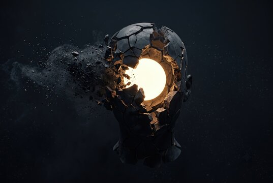 Fragmented head form breaking apart with glowing light inside