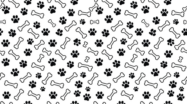 Seamless pattern of dog paw prints and bones on a white background