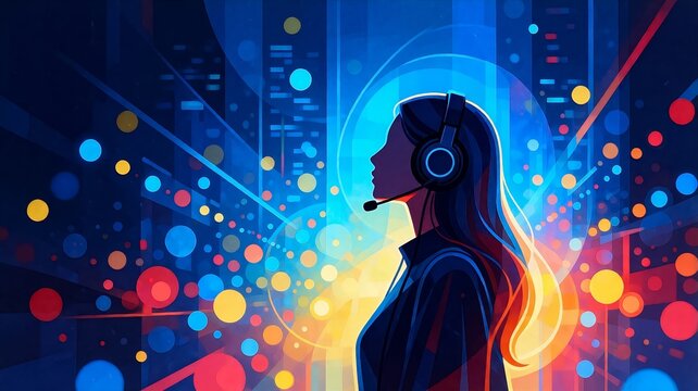 Digital Customer Support Operator with Headset Amid Glowing Neon City Lights