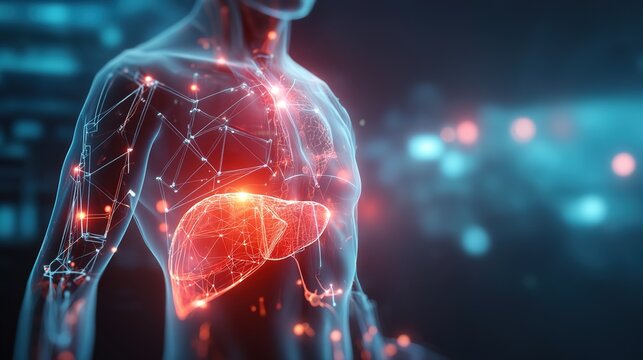 Liver cancer medical 3D illustration, human abdominal anatomy displaying malignant tumor lesion inside liver organ, oncology disorder visualization, cancer cell proliferation, healthcare graphic 