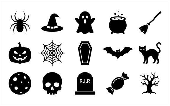 Halloween Icons Set with Spooky Elements. Jack-O'-Lantern, Spider, Ghost, Cauldron, Bat, and Tombstone Illustration.