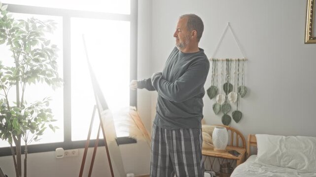 Middle aged man stretching beside bed in a sunlit bedroom of a residential building, reaching up with one arm and holding his side; serenity morning routine.