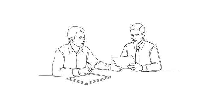 Two business men sitting at a table discussing document papers in a professional office setting