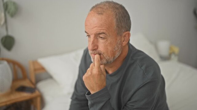 Man on bed with finger in mouth and closed eyes, wearing long sleeve shirt beside nightstand and lamp in a building; pensive solitude.
