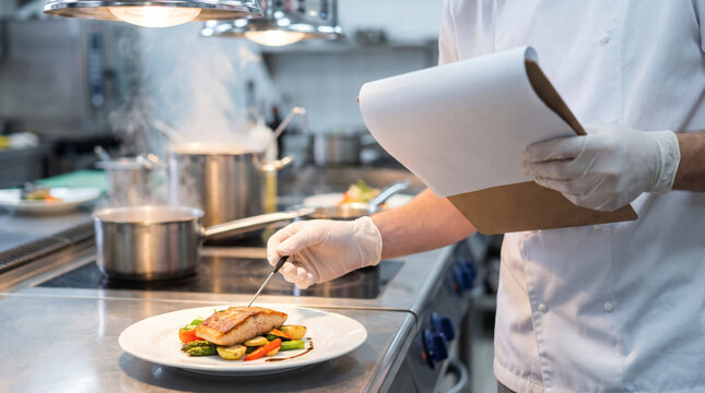 Chef or food safety inspector checking internal temperature of grilled salmon dish with digital thermometer and clipboard checklist in professional commercial kitchen