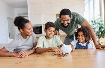 Fototapeta premium Family of four mother, father, daughter and son putting coin Money in piggybank at home. Personal savings, Bank safety and financial investments concept