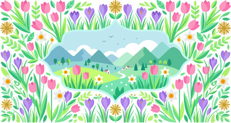 Naklejka premium Spring valley landscape view is framed by a border of colorful tulips and crocuses.