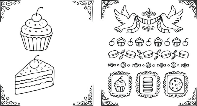 Elegant hand drawn vector illustration featuring decorative wedding borders with doves, sweet cupcakes, delicious cake slices, and tasty macaron patterns