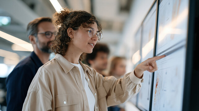 A digital marketing analyst studying webpage heatmaps on multiple screens in an early morning mist filled office building hallway, a small family of coworkers including a child