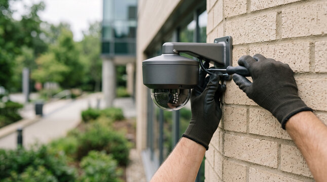 Security camera installation on brick building exterior by worker in gloves